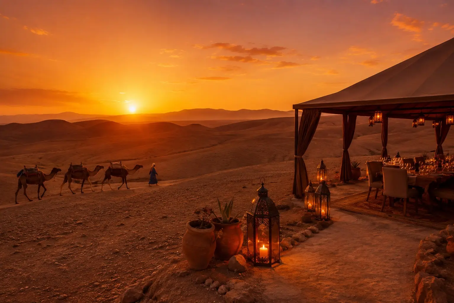 Agafay desert sunset dinner tent with camels, near Marrakech