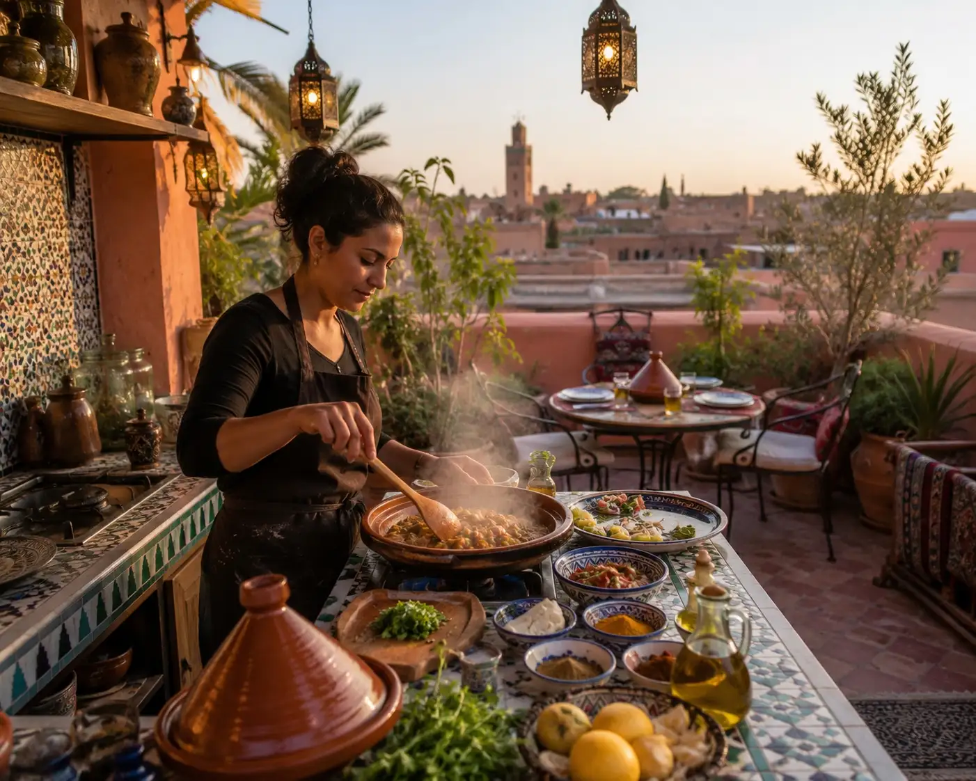 Moroccan cooking class in a riad kitchen, Marrakech